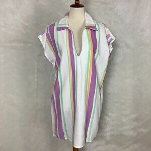 Laagam White, Yellow, Green, Purple Stripe Agosto Linen Blend Dress NWT Flawed L